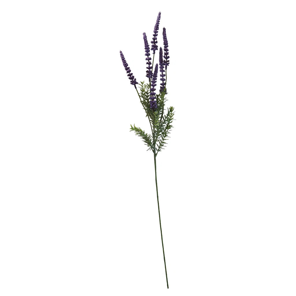 Nærbillede af kunstig lavendel med realistiske lilla blomster og grønne blade