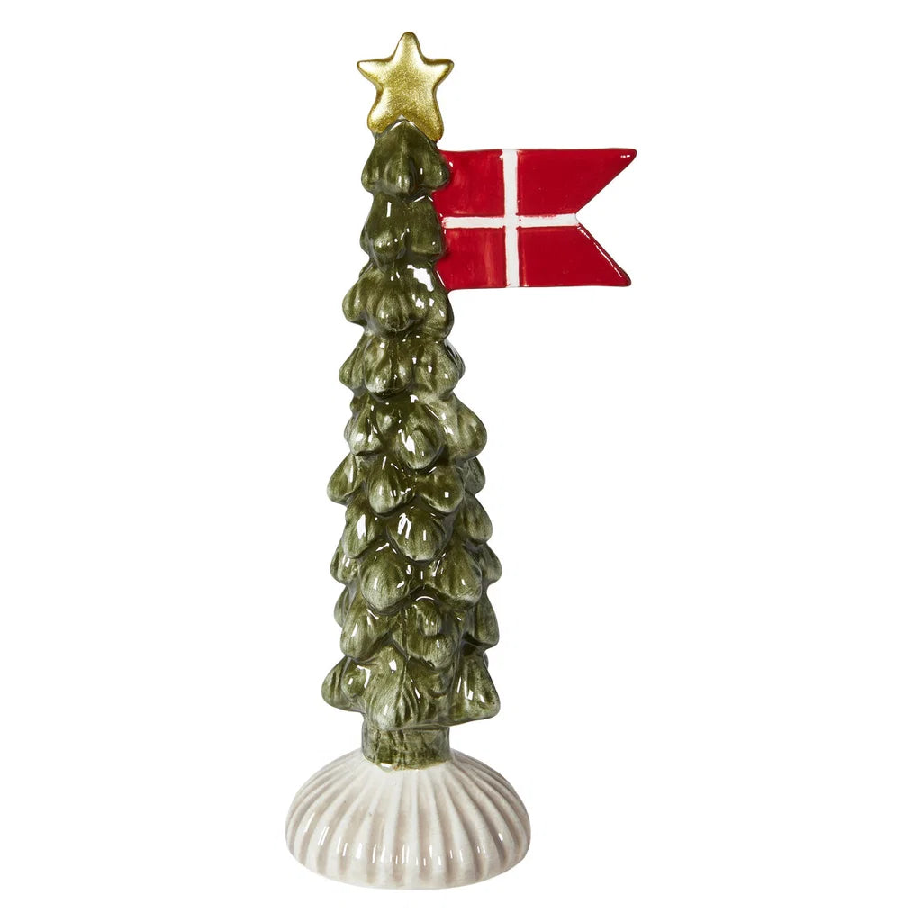 Grønt dekorativt juletræ med rødt og hvidt Dannebrog, gylden stjerne på toppen og lys, rillet fod.