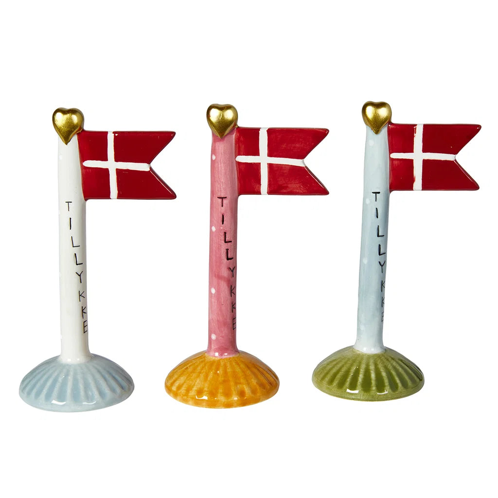 Keramisk flag “Tillykke” med hjerte – dansk design i farver