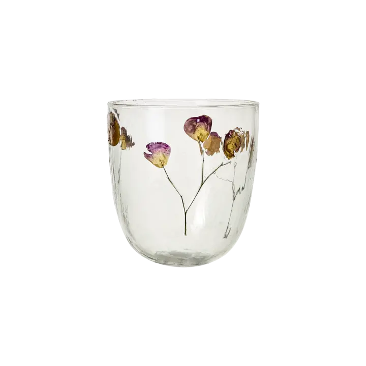 Håndlavet Glas - klar Fyrfadsstage med Ægte Tørrede Blomster – Elegant & Unik Dekoration