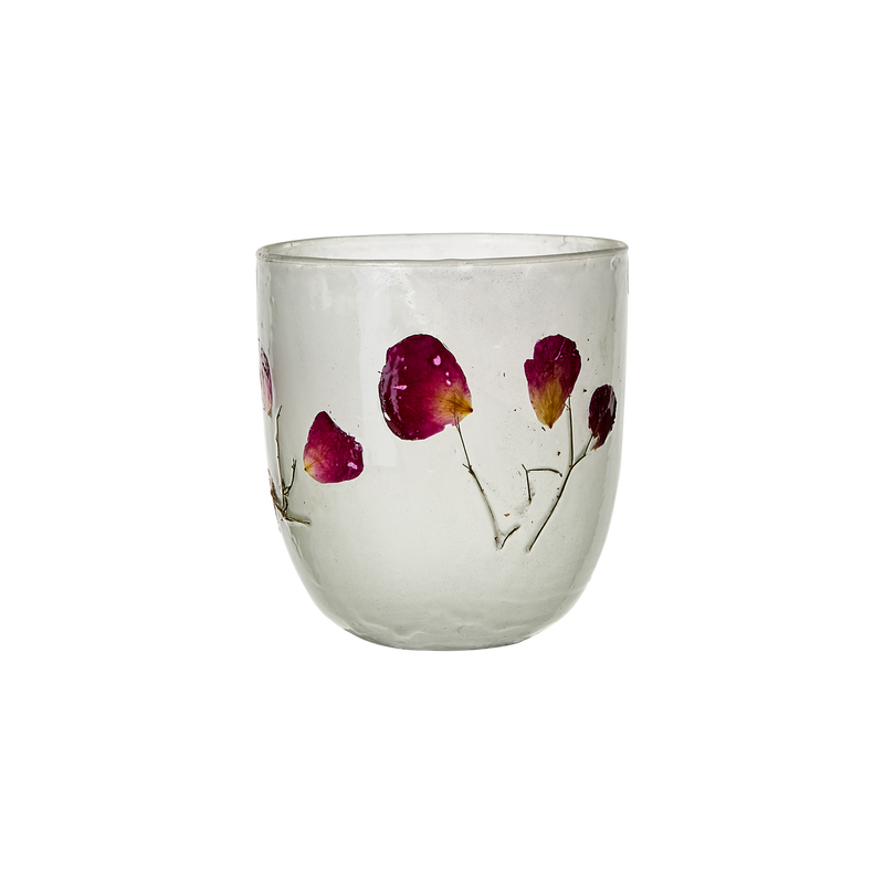 Håndlavet fyrfadsstage i glas - hvid med ægte blomster – elegant og unik dekoration