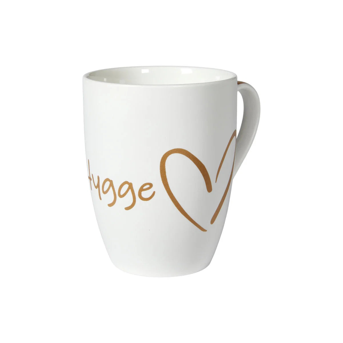 Hvidt keramisk Hygge-krus med guldfarvet tekst og hjerte – elegant kaffekrus i nordisk design fra BiMe.dk.