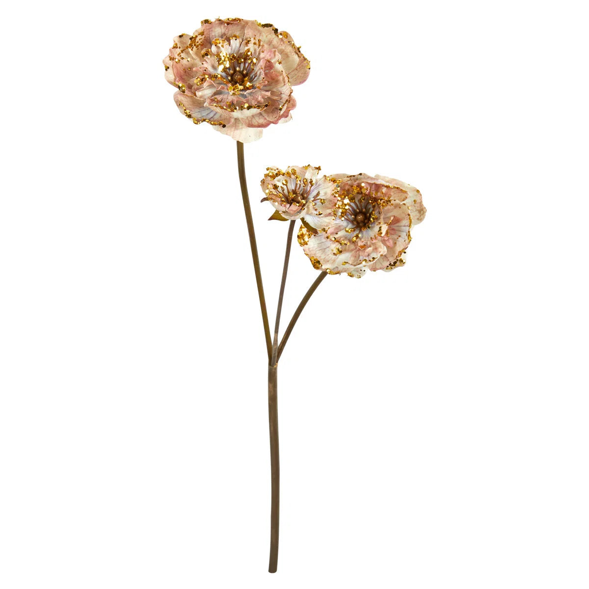 Naturtro kunstig valmuestilk med lyserøde blomster og elegante gulddetaljer – dekorativ kunstig blomst til vase og nordisk boligindretning fra BiMe.dk.